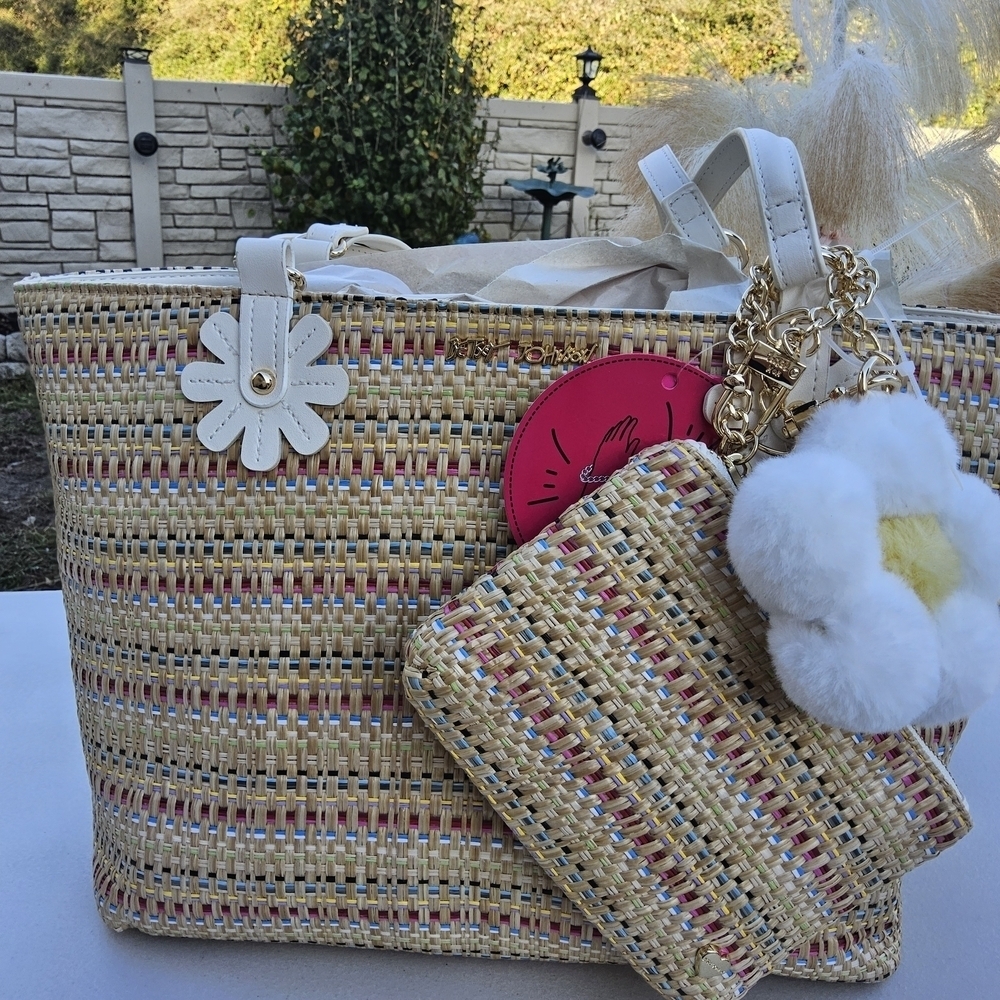 Betsey Johnson Multicolor Woven Tote with Floral Accents